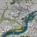 Urban Planning Aerial View With River Road Network And Buildings