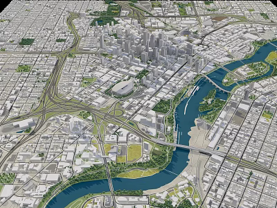 Urban Planning Aerial View With River Road Network And Buildings 3d model