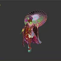 Woman in Vibrant Traditional Outfit Holding Colorful Umbrella with Sequined Details Against Gray Background