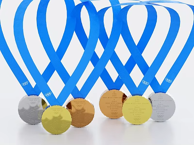 Multiple Olympic Medals With Blue Ribbons Various Colors And Olympic Rings 3d model