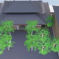 Traditional Chinese Garden Courtyard With Black Roof Green Trees And Paved Ground