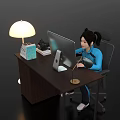 Cozy Home Office Desk Setup With Computer Monitor Lamp Books And Typing Person
