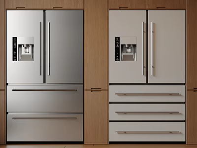 Built in Stainless Steel White Refrigerator Freezer with Water Dispenser Drawer Design in Wooden Cabinets 3d model
