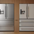 Built in Stainless Steel White Refrigerator Freezer with Water Dispenser Drawer Design in Wooden Cabinets