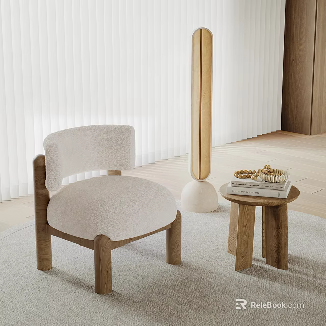 Light Beige Upholstered Accent Chair With Wooden Frame And Side Table In Modern Living Room 3d model 