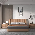 Modern Luxury Bedroom With Leather Headboard Double Bed Gray Orange Bedding Nightstand Wall Art Carpet