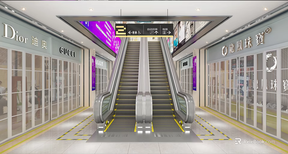 Modern Shopping Mall Lobby Interior With Escalators Luxury Stores Bright Lighting And Signage 3d model 