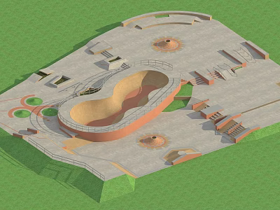 Park Landscape Featuring Central Circular Plaza Winding Paths Stone Steps Green Lawns And Circular Features 3d model