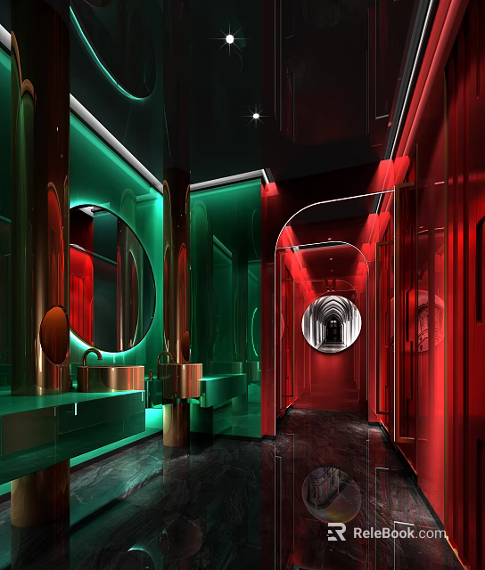 Modern Luxury Public Toilet Featuring Red Green Mirrors Metal Accents And Corridor Design 3d model 