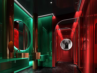 Modern Luxury Public Toilet Featuring Red Green Mirrors Metal Accents And Corridor Design 3d model