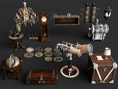 Vintage Decorative Items Collection with Chandelier Clock Telescope Gears Globe and Wooden Chest 3d model