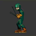 Green And Yellow Striped Cartoon Character In Bodysuit With Helmet Holding Stick And Orange Boots