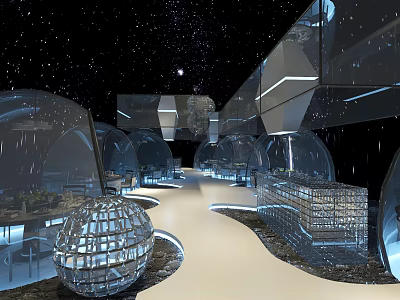 Starry Sky Restaurant With Transparent Domes Glass Structures Illuminated Walkway Metallic Decorations And Bar Counter 3d model