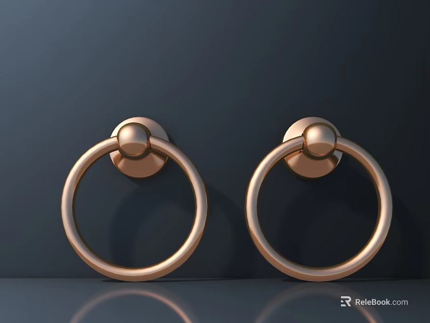 Two Elegant Brass Circular Cabinet Handles Mounted On Dark Reflective Background 3d model 