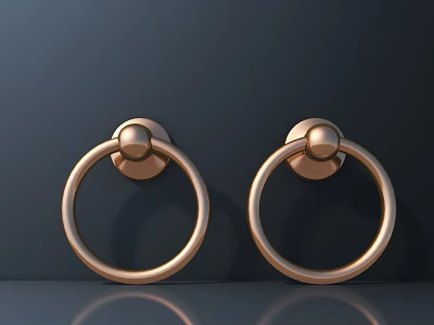 Two Elegant Brass Circular Cabinet Handles Mounted On Dark Reflective Background 3d model