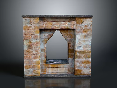Rustic Brick Fireplace Interior Component With Arch Design And Stone Mantel 3d model
