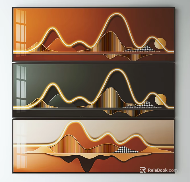Modern Abstract Wall Art With Mountain Patterns Golden Lines And Geometric Elements 3d model