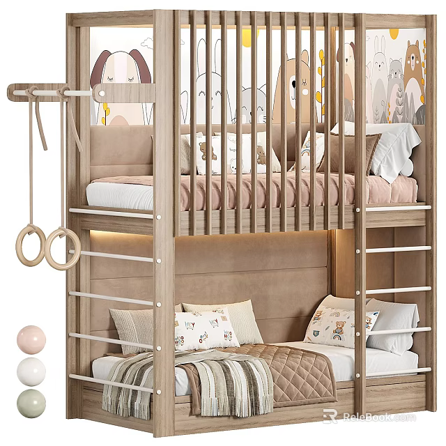 Kids Wooden Bunk Bed With Ladder Safety Rails And Cartoon Animal Mattress 3d model 