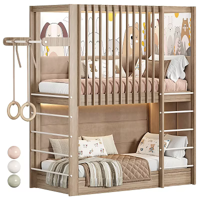 Kids Wooden Bunk Bed With Ladder Safety Rails And Cartoon Animal Mattress 3d model