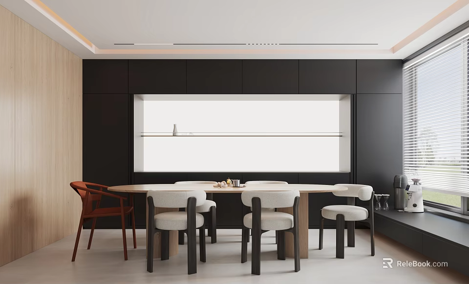 Modern Restaurant Interior Featuring Black Cabinets Round Wooden Table White Display Shelf And Chairs 3d model 