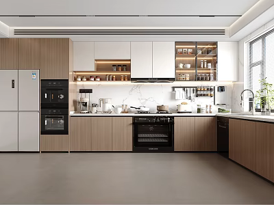Modern Kitchen Interior Design With Wooden White Cabinets Counter Appliances And Window Natural Light 3d model