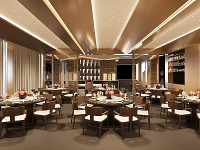 Elegant Banquet Hall Interior With Round Tables Chairs Flower Arrangements And Ceiling Lighting 3d model