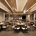 Elegant Banquet Hall Interior With Round Tables Chairs Flower Arrangements And Ceiling Lighting
