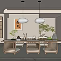 Traditional Zen Tea Room Interior With Wooden Furniture Calligraphy Green Plants And Lanterns