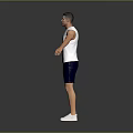 Man In White Tank Top And Blue Shorts Standing With Arms Outstretched On Gray Background