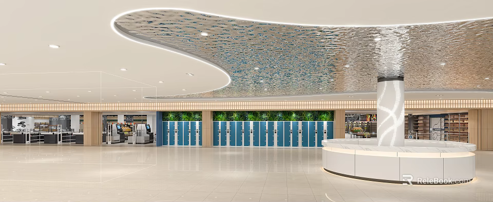 Modern Supermarket Entrance Area With Wavy Silver Ceiling Green Plant Wall And Blue Lockers 3d model 