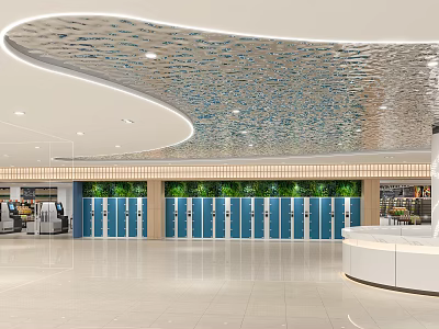 Modern Supermarket Entrance Area With Wavy Silver Ceiling Green Plant Wall And Blue Lockers 3d model