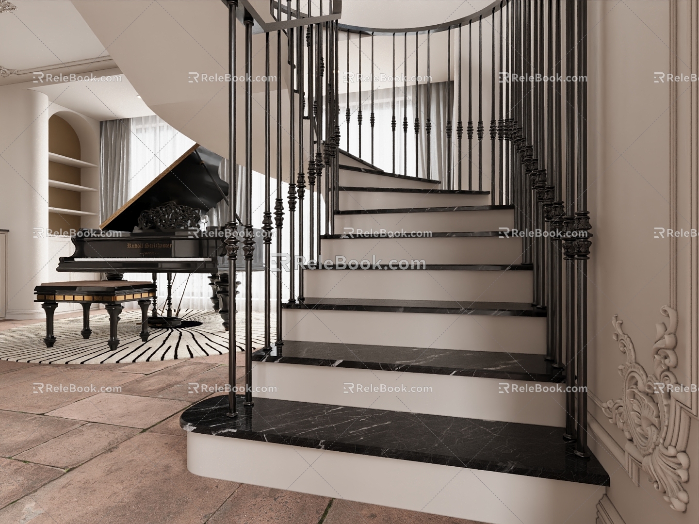 French Cream Staircase Rotary Staircase Grand Piano 3d model