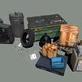 Assorted Discarded Junk Items Featuring Trash Cans Cardboard Boxes Tire and Pallet Debris