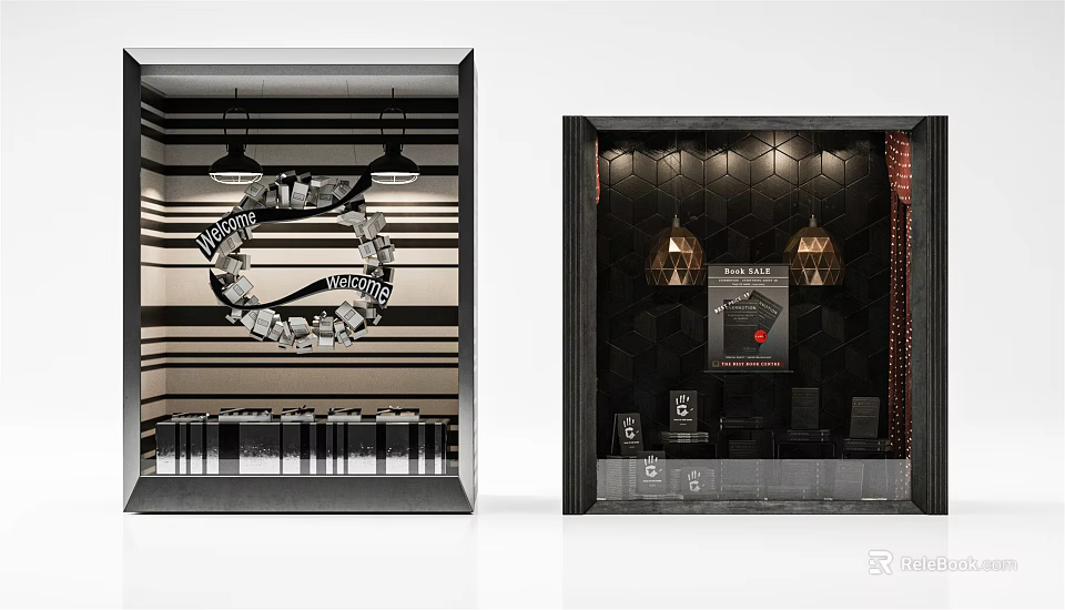 Modern Shop Window Display with Striped Background Circular Decoration Hexagonal Wall Poster and Pendant Lights 3d model 