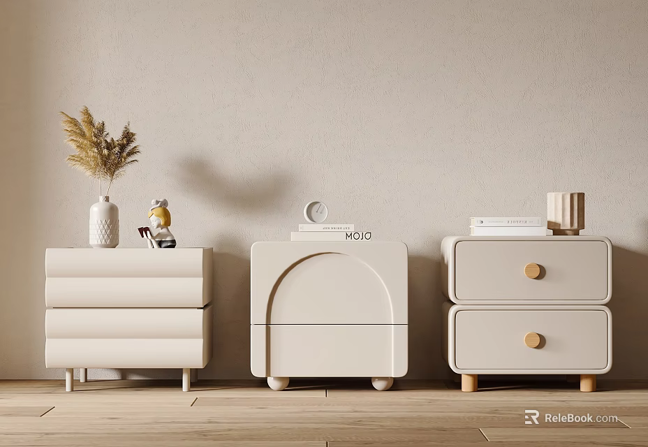 Three Modern Bedside Tables With Different Designs Arch Drawers And Decor Items 3d model 