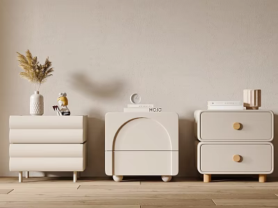Three Modern Bedside Tables With Different Designs Arch Drawers And Decor Items 3d model