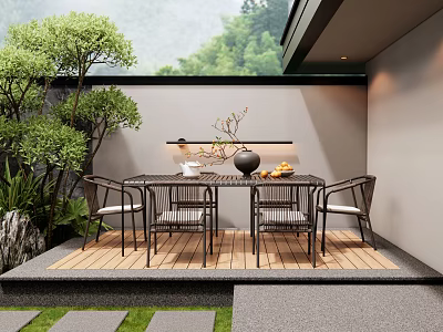 Outdoor Table With Chairs On Wooden Deck Surrounded By Green Plants And Natural Background 3d model