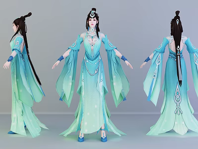 Ancient-style Female Character with Blue-green Gradient Dress Flowy Sleeves and Elaborate Headpiece 3d model