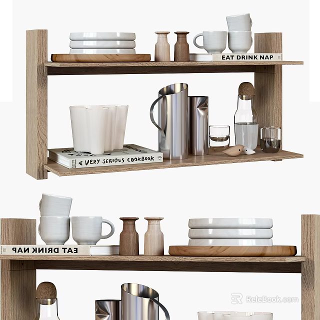 Decorative Ornaments Set On Wooden Shelves With Mugs Plates Kettle And Signs 3d model 