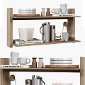Decorative Ornaments Set On Wooden Shelves With Mugs Plates Kettle And Signs