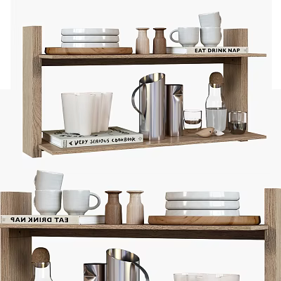 Decorative Ornaments Set On Wooden Shelves With Mugs Plates Kettle And Signs 3d model