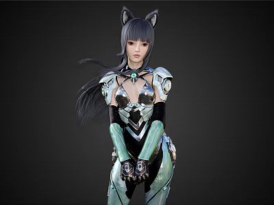 Futuristic Woman With Cat Ears Long Gray Hair And Metallic Green Armor In Black Background 3d model