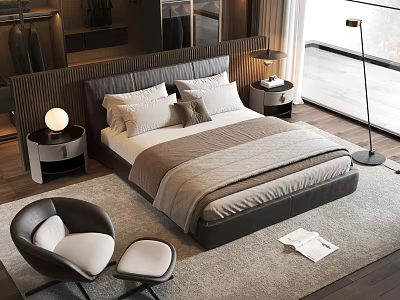 Modern Double Bed Interior With Pillows Nightstand Table Lamp And Area Rug Chair 3d model