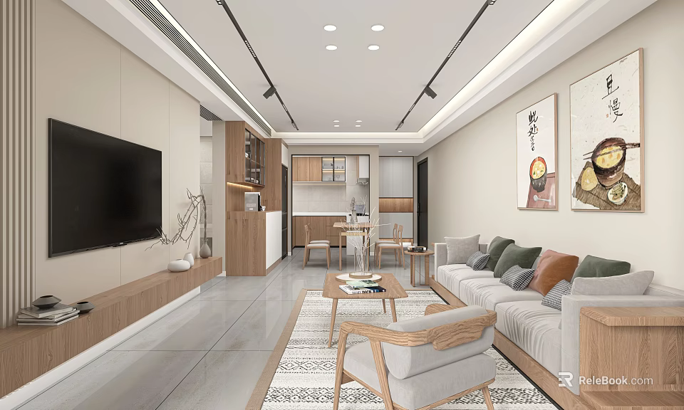 Modern Living Dining Room With Large TV Sofa Coffee Table And Open Kitchen 3d model 