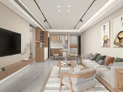 Modern Living Dining Room With Large TV Sofa Coffee Table And Open Kitchen 3d model