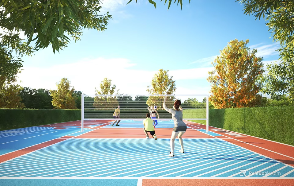 People Playing Tennis On Blue Red Court Surface With Trees And Green Hedge 3d model 