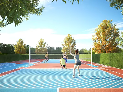 People Playing Tennis On Blue Red Court Surface With Trees And Green Hedge 3d model