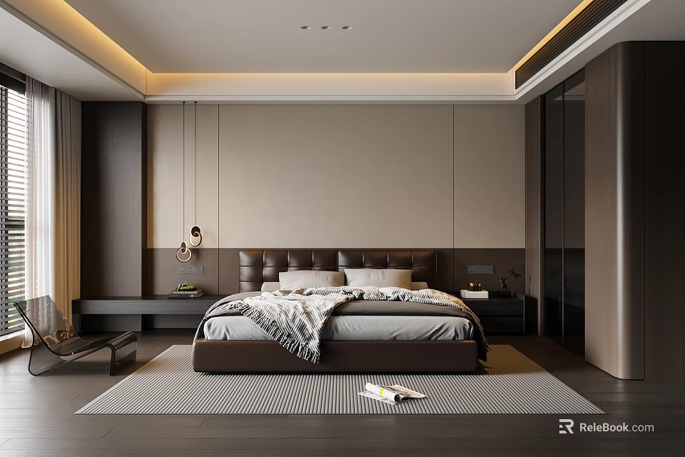 Modern Bedroom Interior With Large Bed Dark Headboard Light Walls And Gray Rug 3d model 
