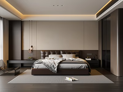 Modern Bedroom Interior With Large Bed Dark Headboard Light Walls And Gray Rug 3d model