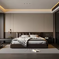 Modern Bedroom Interior With Large Bed Dark Headboard Light Walls And Gray Rug